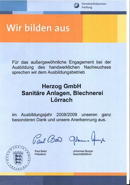 Zertifikat der Herzog GmbH (Ausbildungsbetrieb bzw. Hersteller-Schulung)