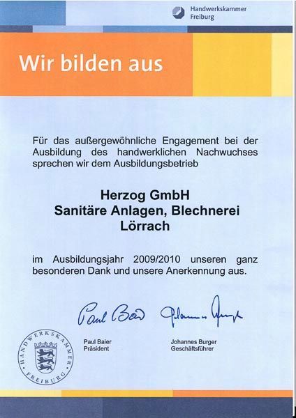 Zertifikat der Herzog GmbH (Ausbildungsbetrieb bzw. Hersteller-Schulung)
