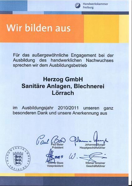 Zertifikat der Herzog GmbH (Ausbildungsbetrieb bzw. Hersteller-Schulung)