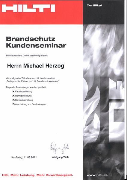 Zertifikat der Herzog GmbH (Ausbildungsbetrieb bzw. Hersteller-Schulung)