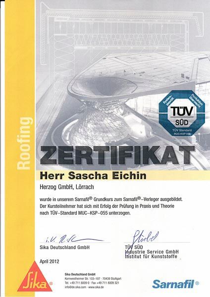Zertifikat der Herzog GmbH (Ausbildungsbetrieb bzw. Hersteller-Schulung)