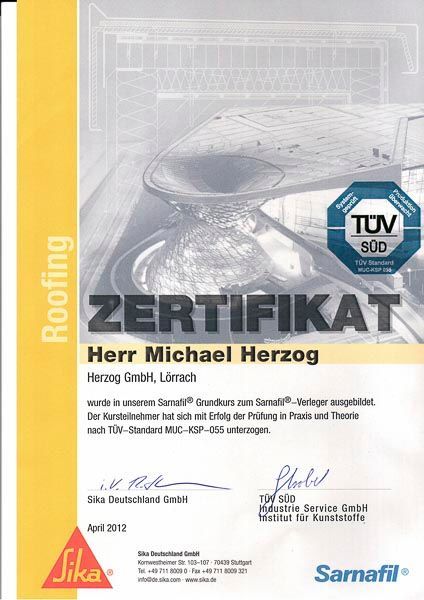 Zertifikat der Herzog GmbH (Ausbildungsbetrieb bzw. Hersteller-Schulung)