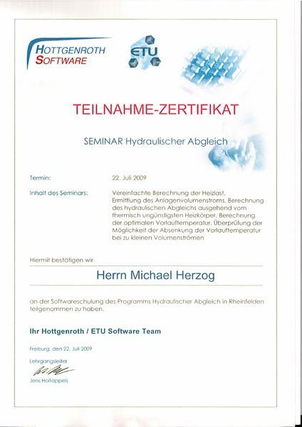 Zertifikat der Herzog GmbH (Ausbildungsbetrieb bzw. Hersteller-Schulung)