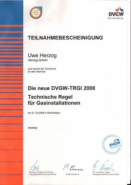 Zertifikat der Herzog GmbH (Ausbildungsbetrieb bzw. Hersteller-Schulung)