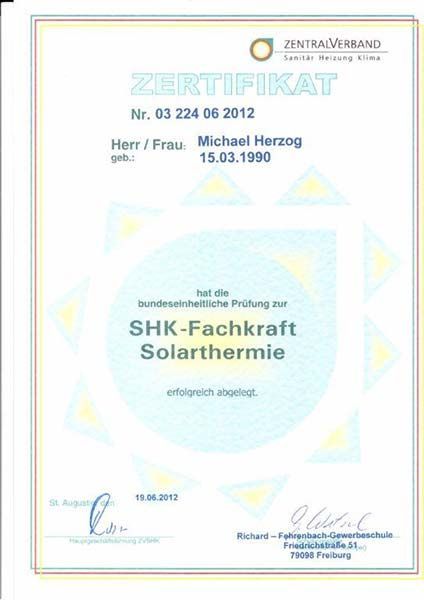 Zertifikat der Herzog GmbH (Ausbildungsbetrieb bzw. Hersteller-Schulung)